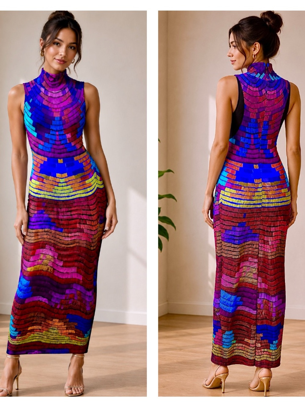 Mara Hoffman Fitted Bodycon Multicolor Turtleneck Maxi Dress S